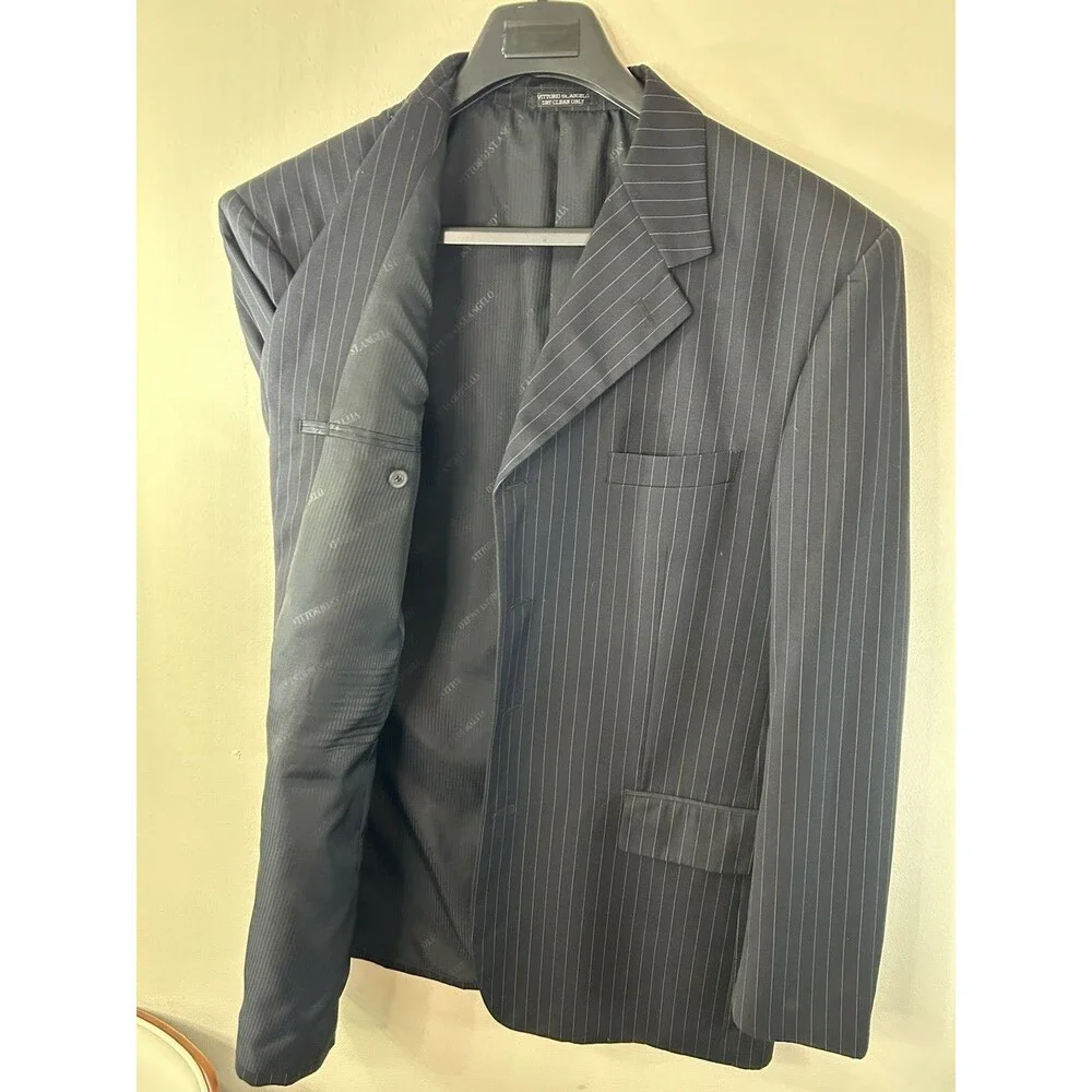 Vittorio St. Angelo Black White Pinstripe Blazer 42L Long 4-Button Notch Lapel